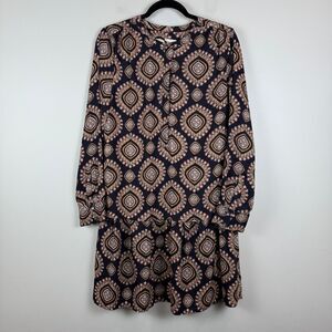Ann Taylor Loft Shift Dress Women's Sz M Navy Gold Medallion Drop Hem Boho Artsy